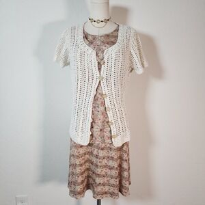Hem & Thread‎ Floral Dress Sleeveless Beige Red Dress Ruched Details